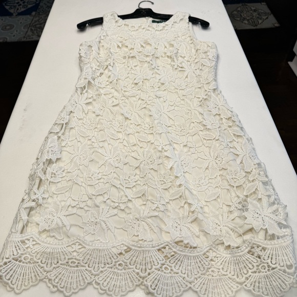 Lauren Ralph Lauren Lace Crochet Floral White Sheath Shift Sleeveless Dress 8P - Picture 9 of 9